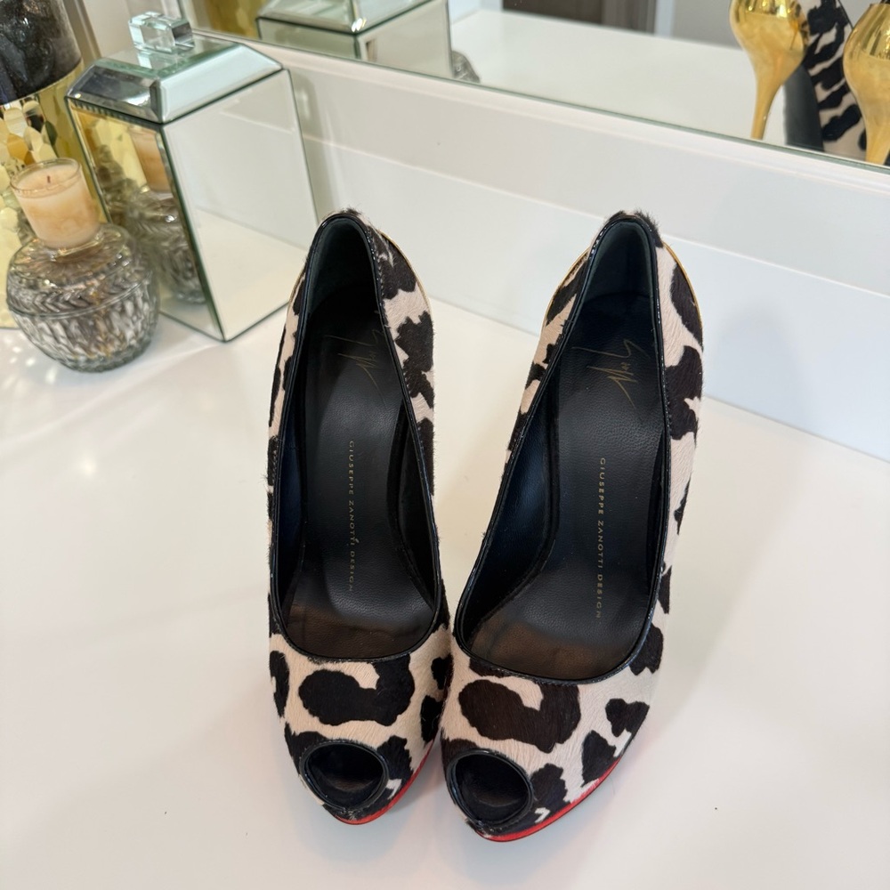 Giuseppe Zanotti Black and White Leopard Peep-Toe Pumps with Red Soles